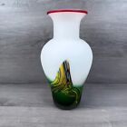 Frosted White Glass Vase Green Yellow Swirl Red Rim 10    Tall Unique Art Decor