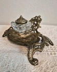 Vintage Art Nouveau 3-piece Cast Brass   Glass Inkwell