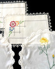 Vtg Hand Embroidered Hand Crocheted Table Runner Lot Of 4 Floral Linen Cotton