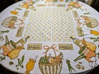 Vintage 70s Retro Kitchen Tablecloth W Fringe Printed Mushrooms Veggie Round 64 