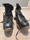 Vintage Black Leather Roller Skates Chicago Skate Co  Wood Wheels Size 9