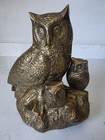 Rare Vintage Mid Century Heavy Brass Owl   Owlets Detailed Etchings Big Eyes 7 