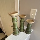 Set Of 3 Green   Beige Ceramic Taper Candlesticks  Decorative Mixed Heights