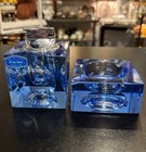 Vintage King Star Genuine Hand Cut Blue Crystal Table Lighter   Ashtray Set
