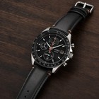 Men s Panda Chronograph Watch Black Dial Orange Hands Black Racing Leather Strap