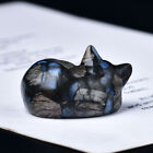 Natural Blue Amphibole Quartz Crystal Carved Sleeping Cat Gemstone Animal Decor