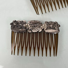 Pair 2 Vintage Hair Comb Pin Brooch Silver Tone Brown