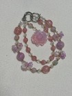 Pink Purple Beaded Floral Key Chain Bag Charm Key Ring Gold Tone Clear