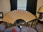 Vintage Large Japanese Folding Fan Wall Decor Hand Painted Cranes Gold 59  Wide
