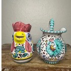 Italian Majolica Orvieto Rooster Mini Ceramic Creamer Pitchers Hand Painted