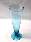 Unmarked Blown Crystal Light Blue Teal Optic Art Glass Round Bud Vase 9 5  Tall