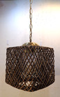 Vtg Mid Century Modern Brown Rattan Wicker Hanging Swag Lamp Retro 1960 s Groovy