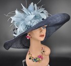 Navy Blue Church Kentucky Derby Party Wedding Tea Wide Brim Sinamay Hat