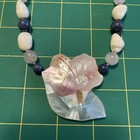 Lee Sands Necklace White  Blue  Pink Stone Shell W  Mother Of Pearl Hibiscus Vtg