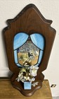 Vintage 1970s Wooden Boho Blue Stained Glass Wall Mirror With Shelf Vase