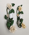 Vintage Italian Tole Pair Wall Sconces Lamp Light With Roses Italy Toleware Vtg