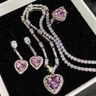 2pc Wedding Party Jewelry Love Heart Pink Topaz Gems Women Girl Necklace Earring