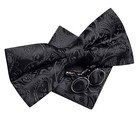 Black Paisley Mens Bowtie Pretied Bow Ties Hankie Cufflinks Set Wedding Event