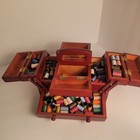 Vintage Wooden Fold Out Singer Sewing Box With Thread   Notions