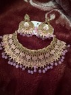 Gold Tone Pink Glass Beaded Necklace   Dangle Earrings Jewelry Set