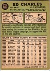1967 -ed Charles- Topps Autograph signed auto Baseball Card  182 Athletics