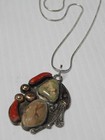 Antique Navajo Sterling Silver Gold Coral Turquoise Pendant Necklace Free Chain