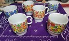 Vintage Japanese Folk Art Birds Floral 6 Mugs Colorful Mid Century Modern 1960s