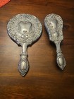 Vintage Silver Plated Vanity Set     Ornate Floral Mirror   Brush Duo