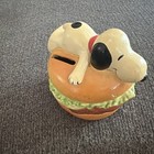 Vintage 1966 Peanuts Snoopy On Hamburger Ceramic Coin Bank W  Stopper See Pics