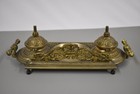 Vintage Brass Double Inkwell Desk Set Ornate Victorian Style