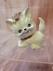Vtg Lefton Porcelain White Kitty Cat Figurine W pink Flowers   Bow Blue Eyejapan