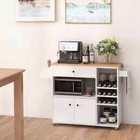 White Wood Kitchen Cart With Drop-leaf  Power Outlet  Microwave Shelf  Wine Rack
