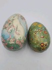 2 Vtg German Paper Mache 6 5  White Rabbit 5 5  Flowers Easter Egg Container