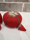 3 Vintage Sewing Red Fabric Tomato Pin Cushions With Strawberries