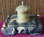 Antique Brass And Marble Ink Well   4 3 4    X 4 3 4    Base   French Design
