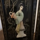 Vintage 4 Panel Desk Screen Divider Asian Mother Of Pearl Inlay Geisha Carvings