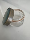 Vintage Glass Vanity Jar Brass Lid Blue Green Star Motif Powder Trinket Box