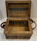 Vintage Woven Wicker Sewing Basket With Leather Straps Lidded Storage Organizer