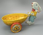 Vtg J Chein Tin Litho Easter Bunny Rabbit W  Blue Pants Pushing Egg Basket Cart