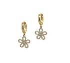 14k Yellow Gold Dangle Flower Hoop Huggie Earrings