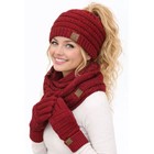 C c 3pc Ponytail Messy Bun Soft Warm Soft Ribbed Knit Beanie Gloves Scarf Set