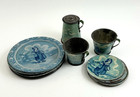Vintage Tin Litho Child s Toy Tea Set Mixed Lot 16 Pc Blue Dutch Children Dishes