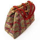 Vtg Japanese Kinchaku Handbag Woven Fabric In An Enmon Design   Bamboo Accents