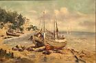 Vtg C 1930 s Magnificent Large European O c  boats On The Beach  Signed framed 
