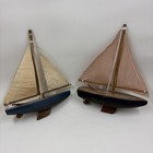 Vintage Hand Crafted And Painted Wooden Pond Yacht Model Sail Boats Set Of 2