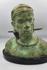 Vintage Vietnamese Bronze Man With Pipe Bust Sculpture Statue On Base Patina