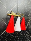 Vintage Brass Wall Sconce - Red Cone Shade - Mid Century Italian Diabolo 3-light