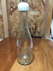 Vtg Clear Glass Bottle Embossed Crown Logo Blue Cap Screw On Lid
