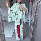 Vintage Aqua Floral Silk Japanese Kimono Robe