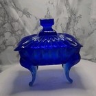 Vintage Cobalt Blue Trinket Glass Jewelry Box Candy Dish With Queen Anne Legs
